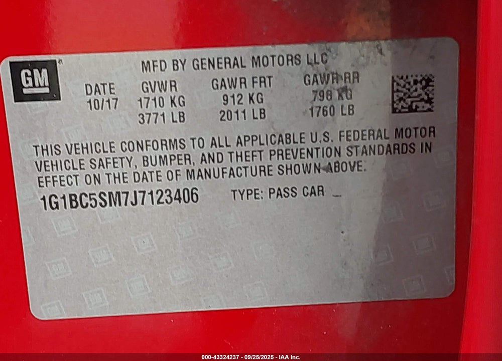 2018 CHEVROLET CRUZE LS AUTO VIN: 1G1BC5SM7J7123406