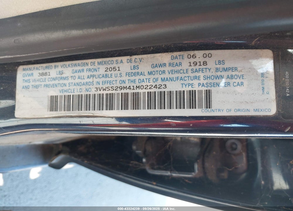 2001 VOLKSWAGEN JETTA GLS VIN: 3VWSS29M41M022423