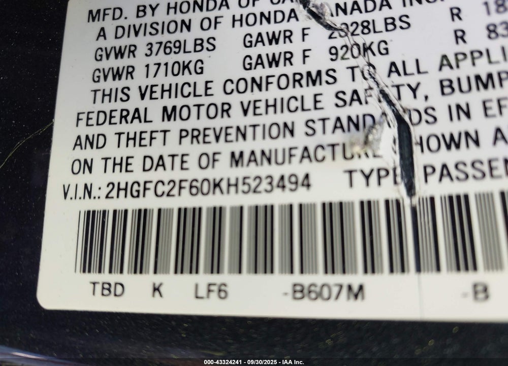 2019 HONDA CIVIC LX VIN: 2HGFC2F60KH523494