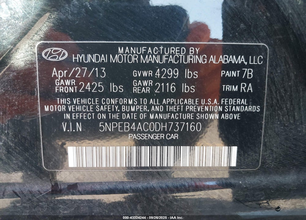 2013 HYUNDAI SONATA VIN: 5NPEB4AC0DH737160