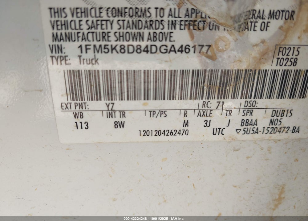 2013 FORD EXPLORER VIN: 1FM5K8D84DGA46177