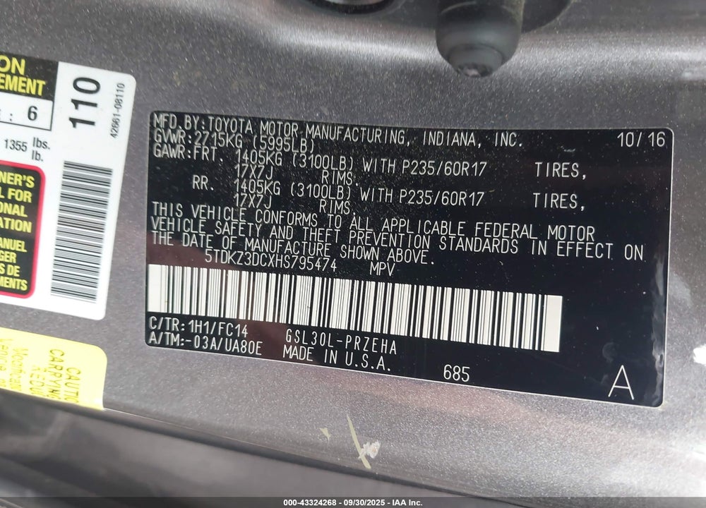 2017 TOYOTA SIENNA LE 8 PASSENGER VIN: 5TDKZ3DCXHS795474