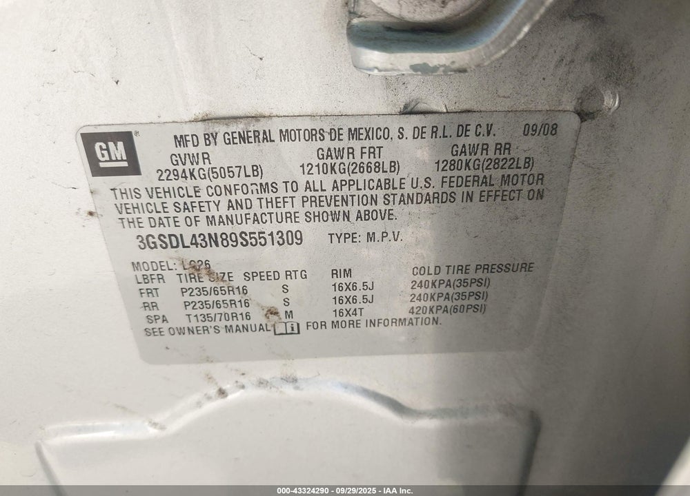 2009 SATURN VUE VIN: 3GSDL43N89S551309