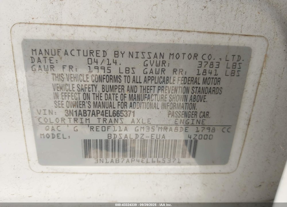 2014 NISSAN SENTRA VIN: 3N1AB7AP4EL665371