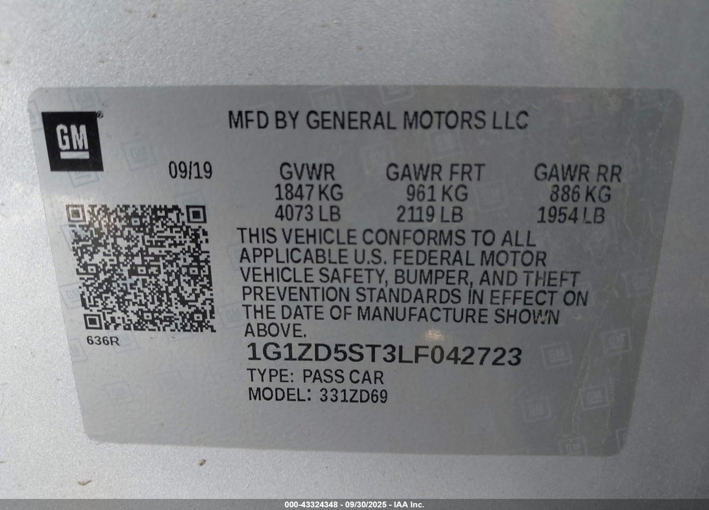 2020 CHEVROLET MALIBU FWD LT VIN: 1G1ZD5ST3LF042723