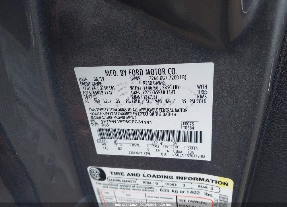2012 FORD F-150 VIN: 1FTFW1ET5CFC31141