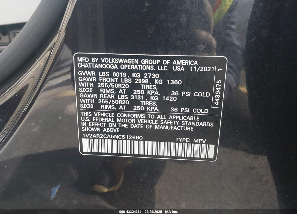 2022 VOLKSWAGEN ATLAS VIN: 1V2AR2CA5NC512660