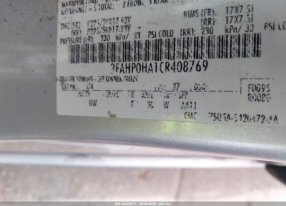2012 FORD FUSION VIN: 3FAHP0HA1CR408769