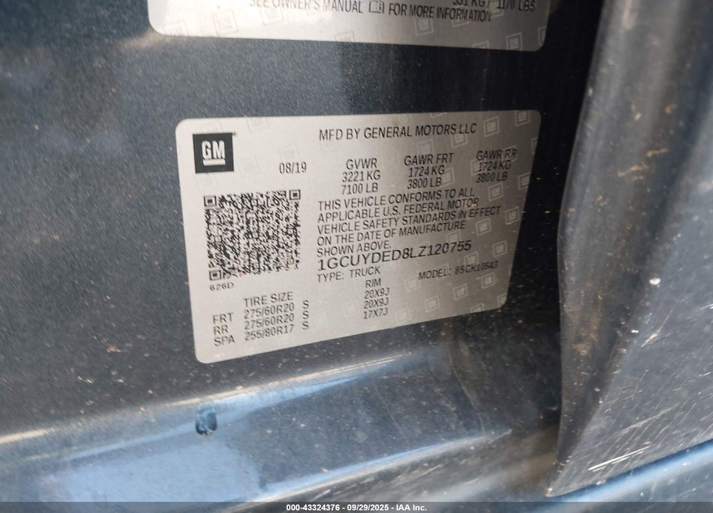 2020 CHEVROLET SILVERADO 1500 VIN: 1GCUYDED8LZ120755