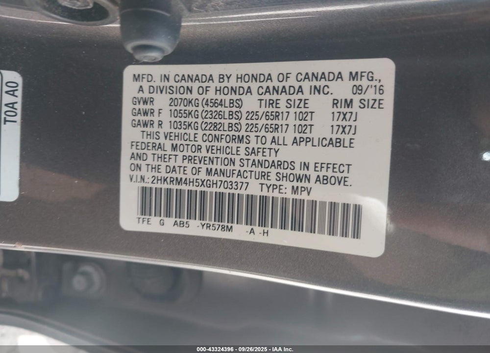 2016 HONDA CR-V VIN: 2HKRM4H5XGH703377
