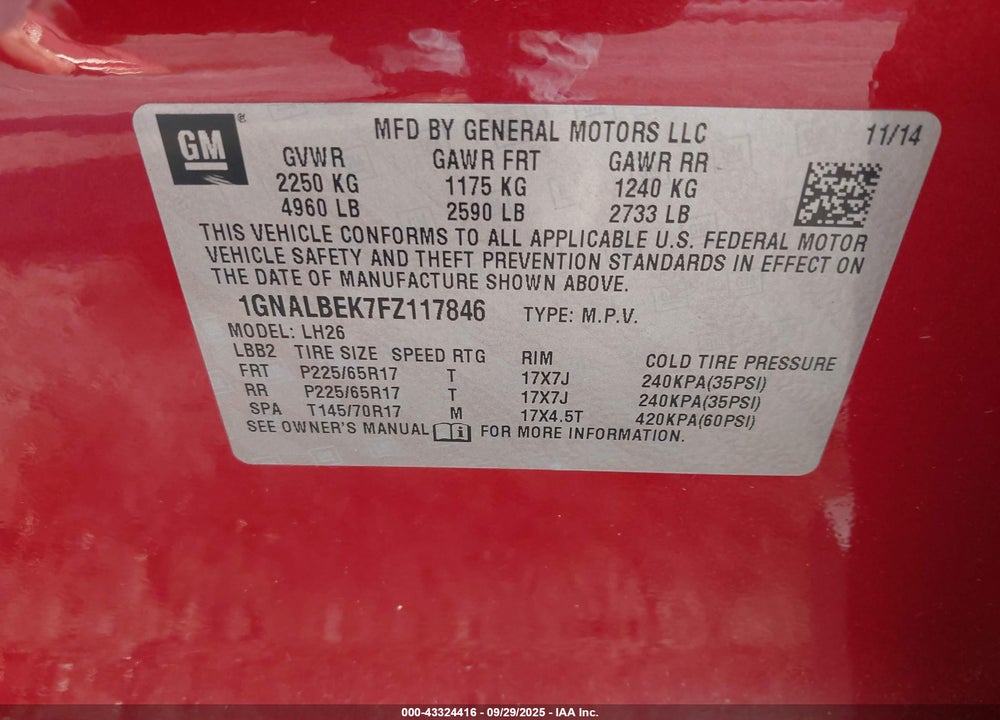 2015 CHEVROLET EQUINOX VIN: 1GNALBEK7FZ117846
