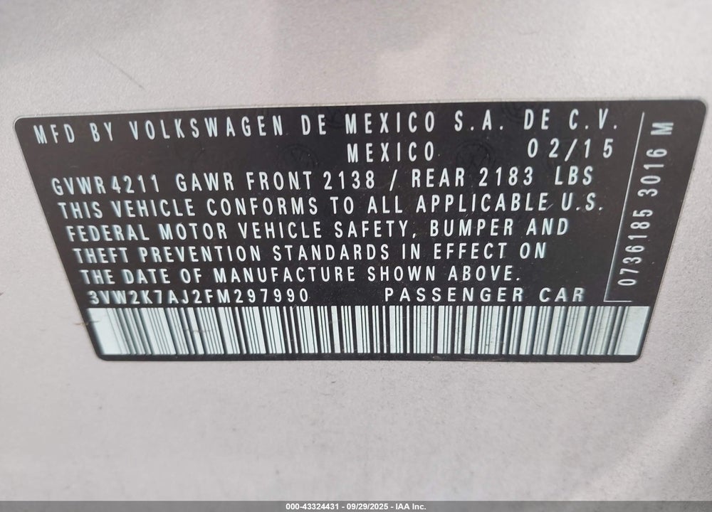 2015 VOLKSWAGEN JETTA 2.0L S VIN: 3VW2K7AJ2FM297990