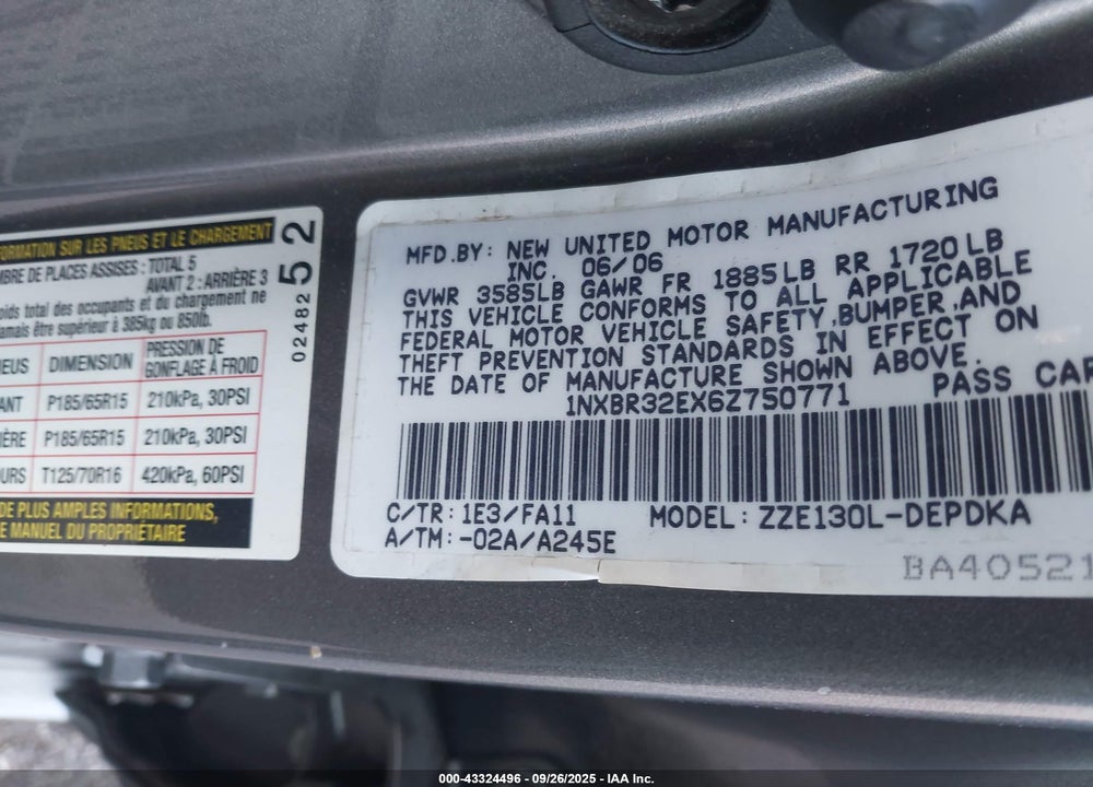 2006 TOYOTA COROLLA CE VIN: 1NXBR32EX6Z750771
