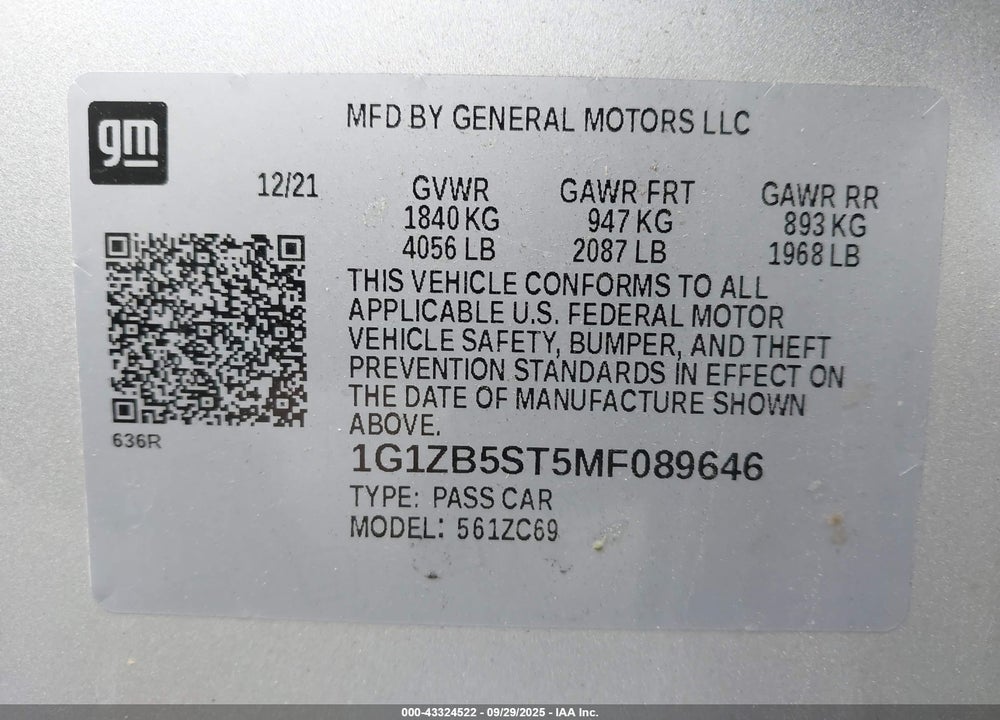2021 CHEVROLET MALIBU VIN: 1G1ZB5ST5MF089646