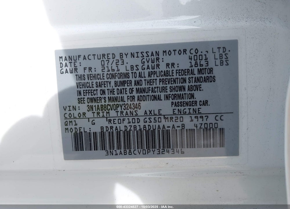 2023 NISSAN SENTRA SV XTRONIC CVT VIN: 3N1AB8CV0PY324346