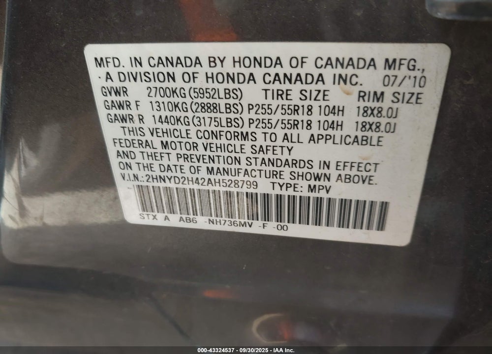 2010 ACURA MDX VIN: 2HNYD2H42AH528799