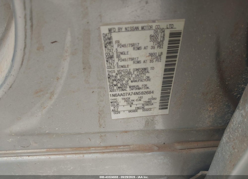 2004 NISSAN TITAN XE VIN: 1N6AA07A74N582684