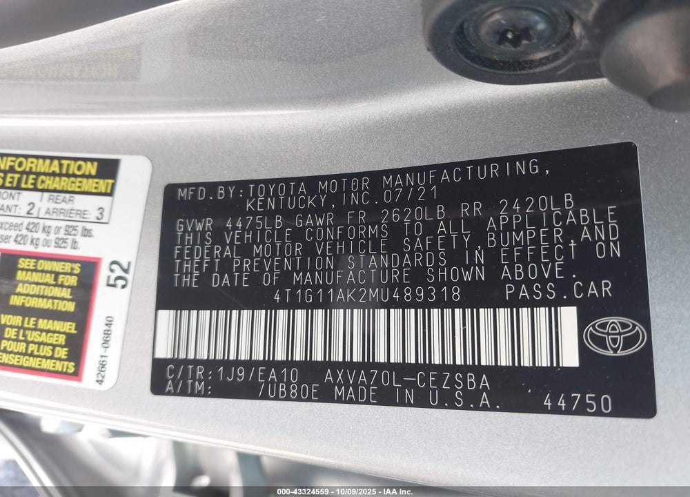 2021 TOYOTA CAMRY VIN: 4T1G11AK2MU489318