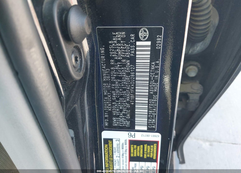 2013 TOYOTA CAMRY LE VIN: 4T1BF1FK4DU286127