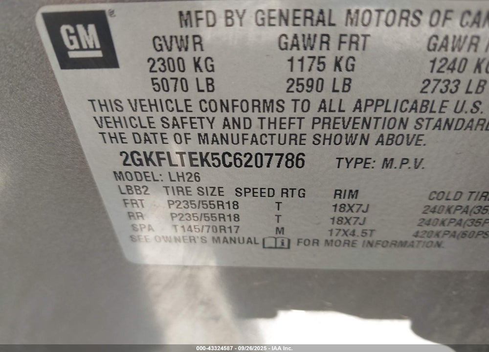 2012 GMC TERRAIN VIN: 2GKFLTEK5C6207786