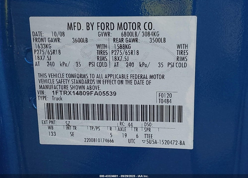 2009 FORD F-150 VIN: 1FTRX14809FA05539
