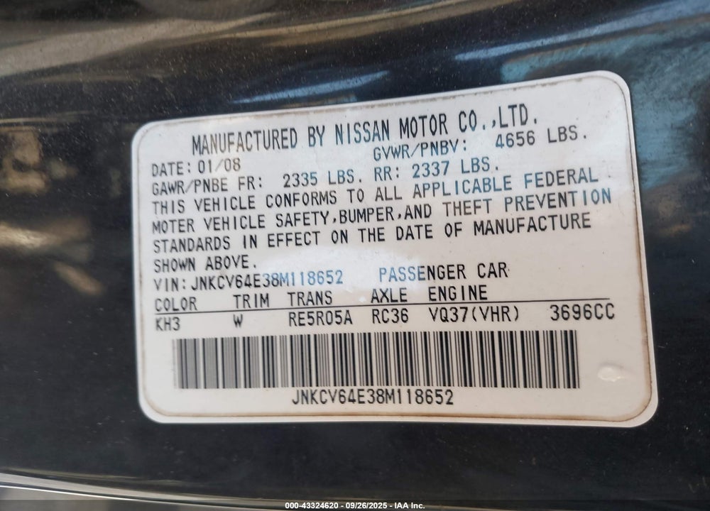 2008 INFINITI G37 JOURNEY VIN: JNKCV64E38M118652