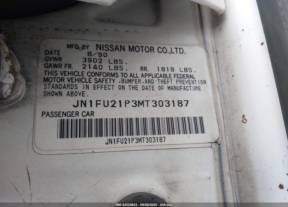 1991 NISSAN STANZA VIN: JN1FU21P3MT303187