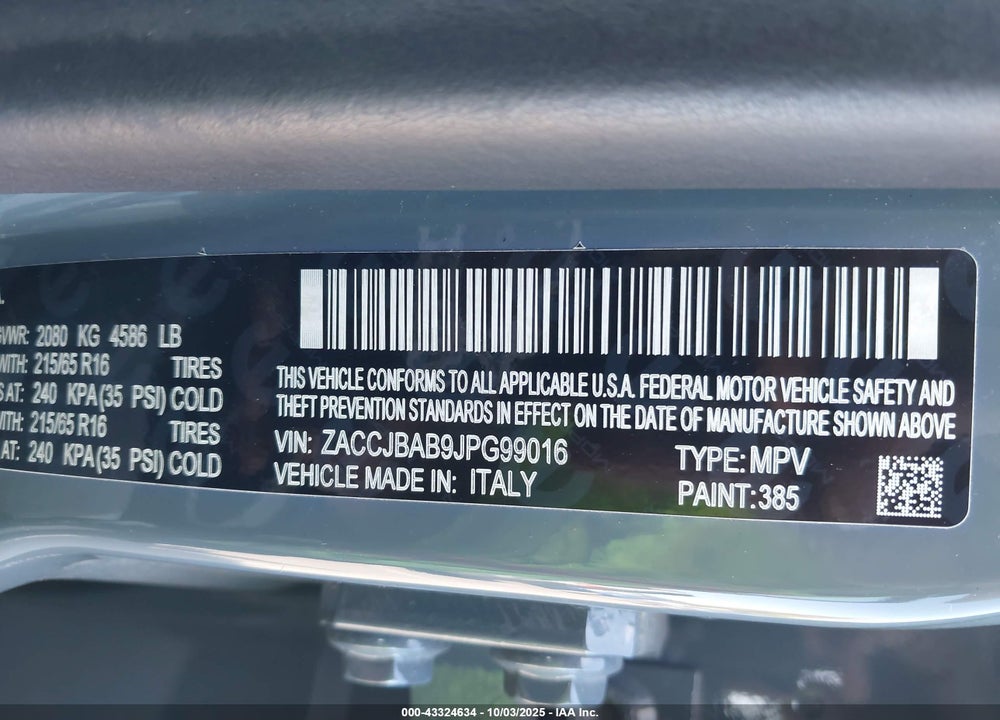2018 JEEP RENEGADE VIN: ZACCJBAB9JPG99016