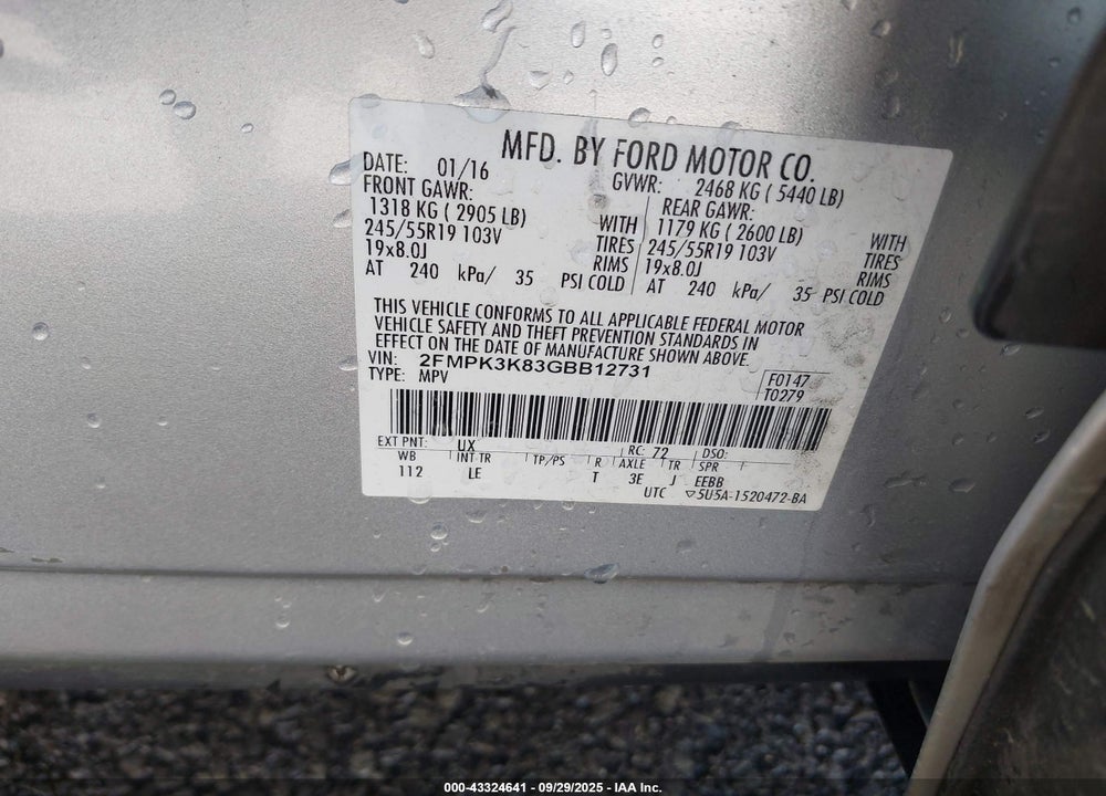 2016 FORD EDGE VIN: 2FMPK3K83GBB12731