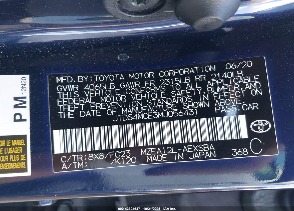2021 TOYOTA COROLLA VIN: JTDS4MCE3MJ056431