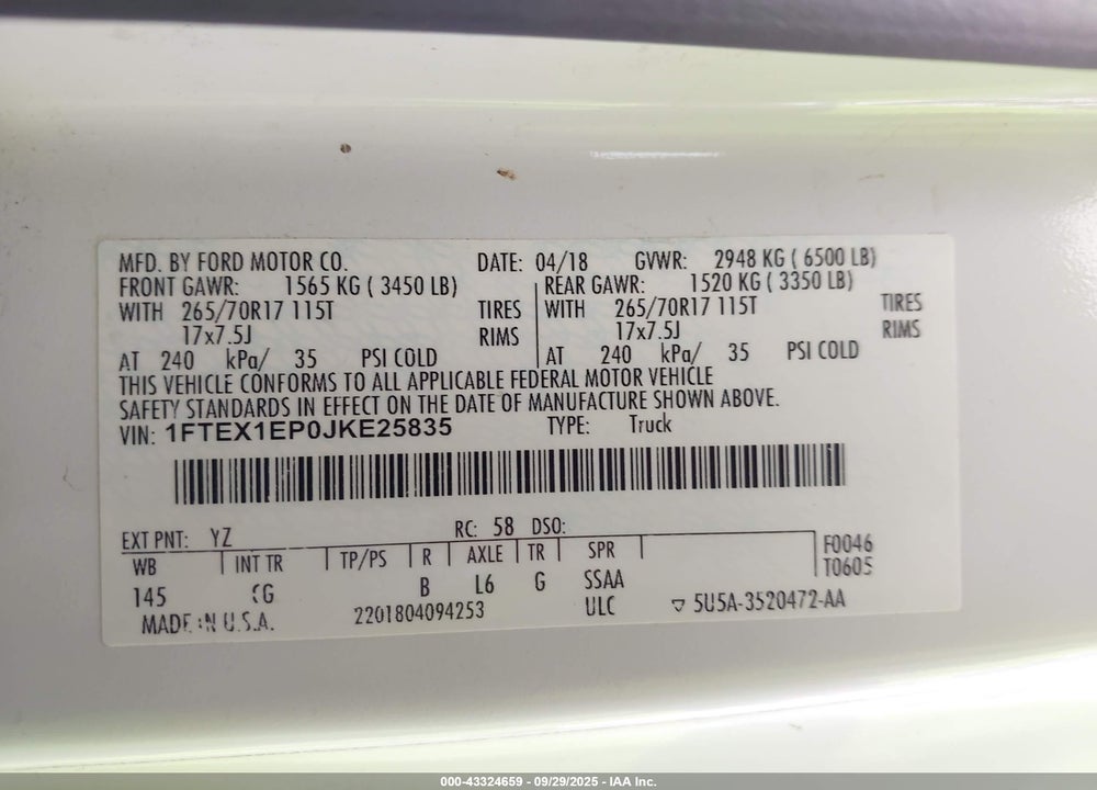 2018 FORD F-150 XL VIN: 1FTEX1EP0JKE25835