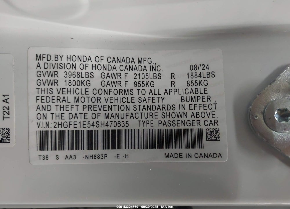 2025 HONDA CIVIC VIN: 2HGFE1E54SH470635