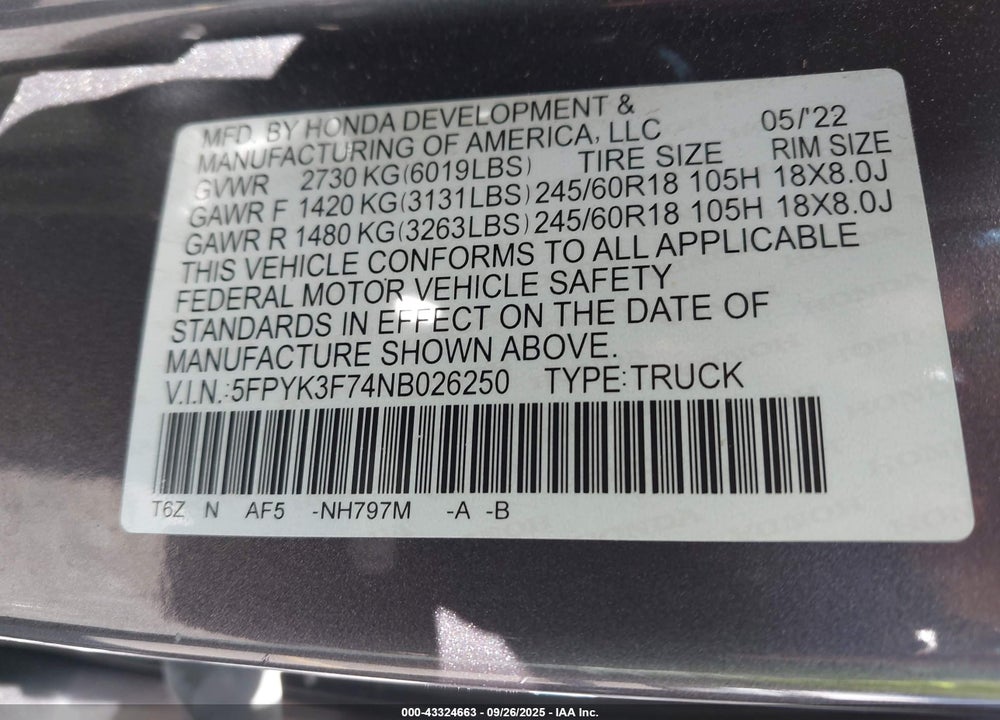 2022 HONDA RIDGELINE RTL-E VIN: 5FPYK3F74NB026250