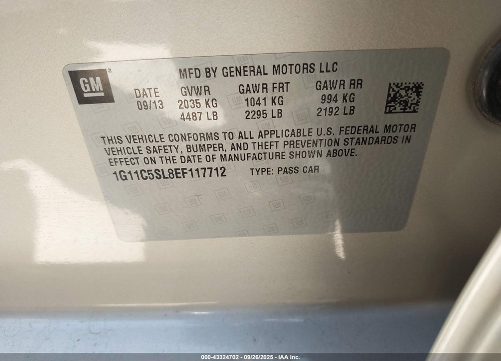2014 CHEVROLET MALIBU VIN: 1G11C5SL8EF117712