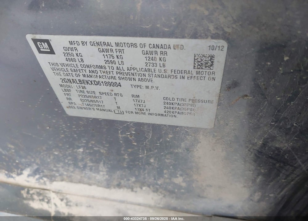 2013 CHEVROLET EQUINOX LS VIN: 2GNALBEKXD6189004