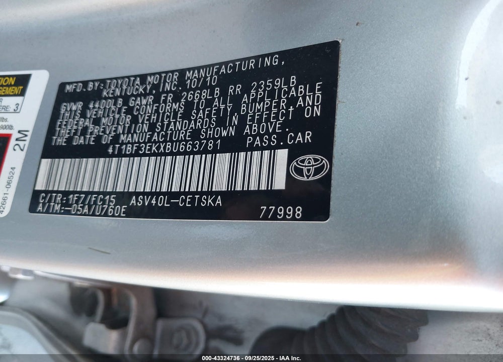 2011 TOYOTA CAMRY SE VIN: 4T1BF3EKXBU663781