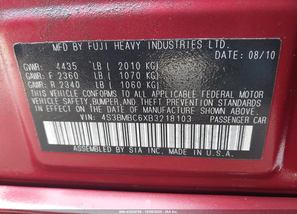 2011 SUBARU LEGACY 2.5I PREMIUM VIN: 4S3BMBC6XB3218103