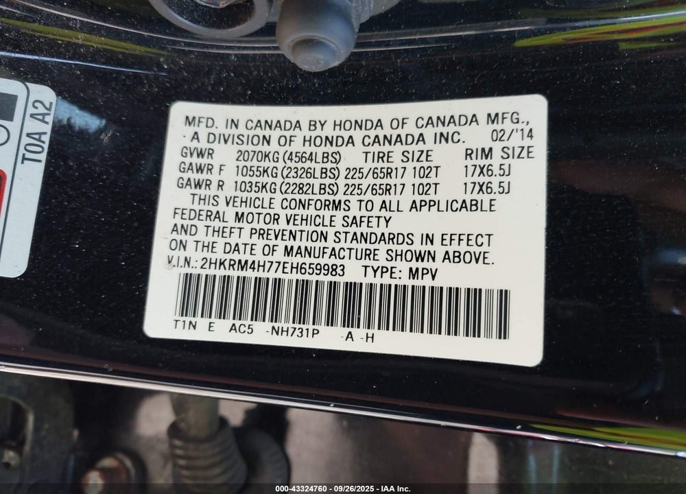 2014 HONDA CR-V VIN: 2HKRM4H77EH659983