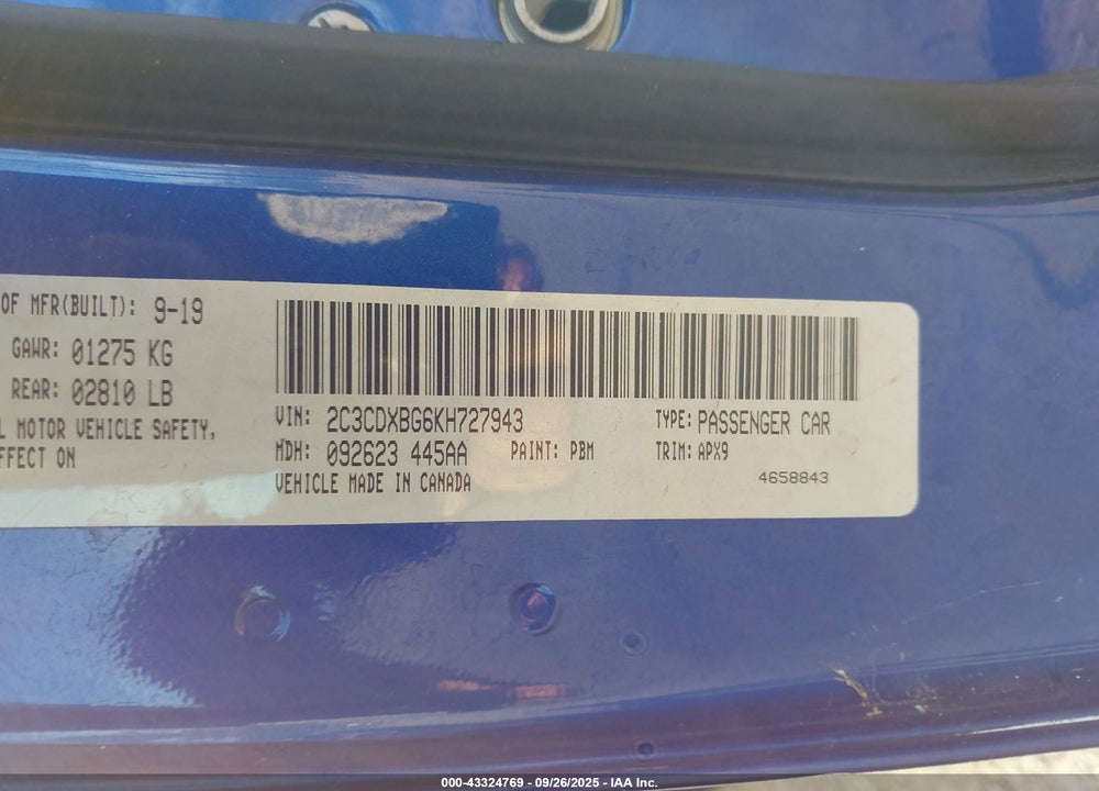 2019 DODGE CHARGER VIN: 2C3CDXBG6KH727943