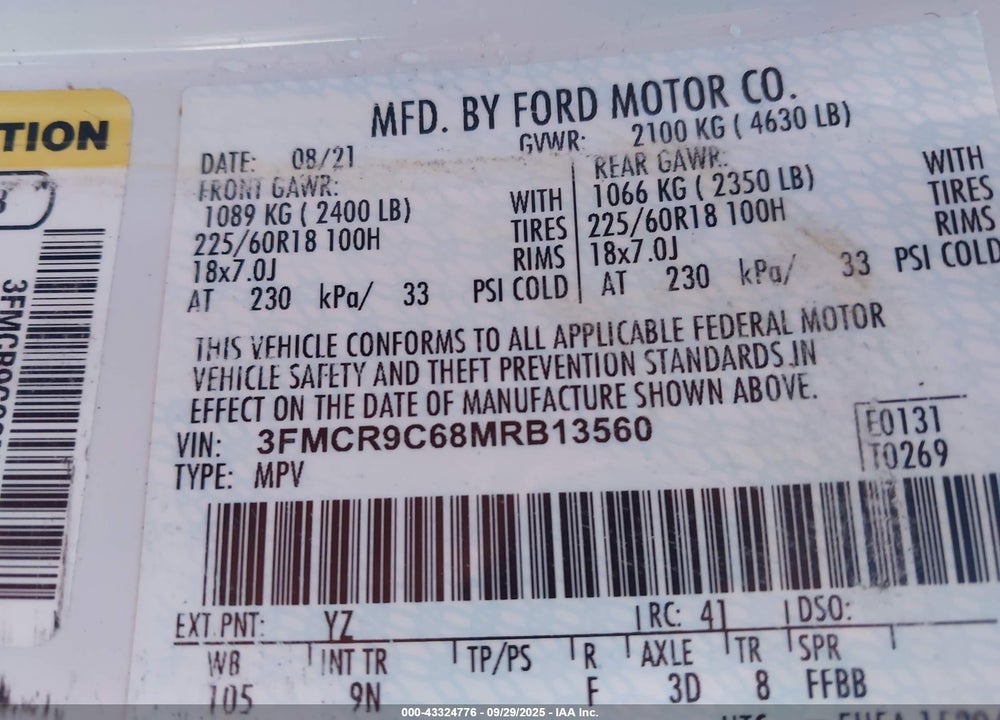 2021 FORD BRONCO SPORT VIN: 3FMCR9C68MRB13560