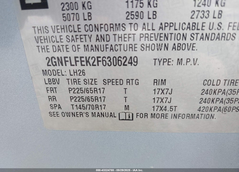 2015 CHEVROLET EQUINOX 1LT VIN: 2GNFLFEK2F6306249