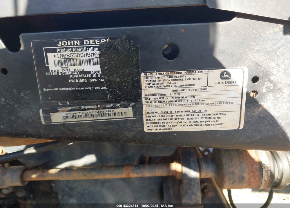 2012 JOHN DEERE 855D UTV VIN: 1M0855DSHBM041781