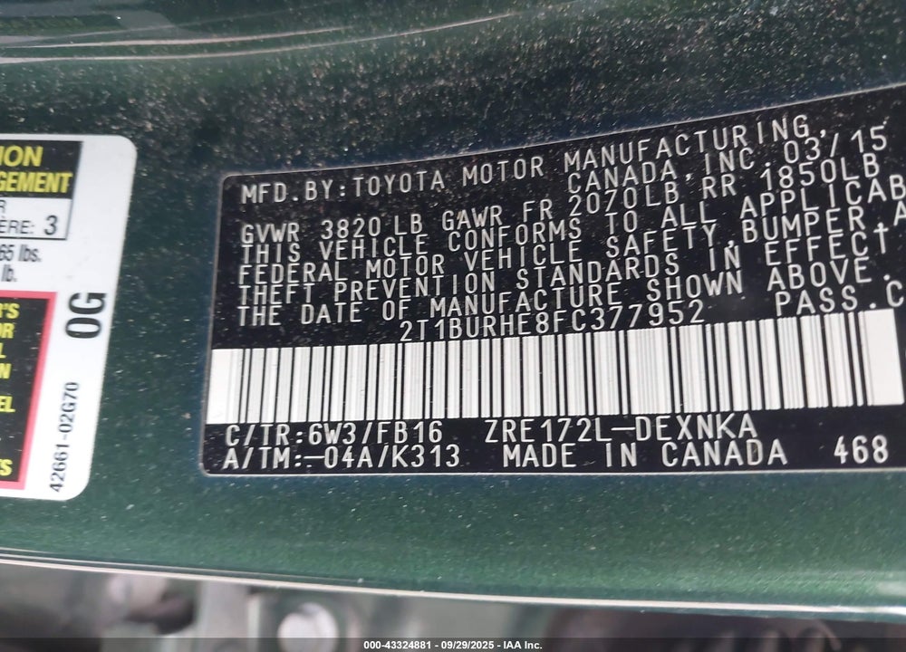 2015 TOYOTA COROLLA LE VIN: 2T1BURHE8FC377952