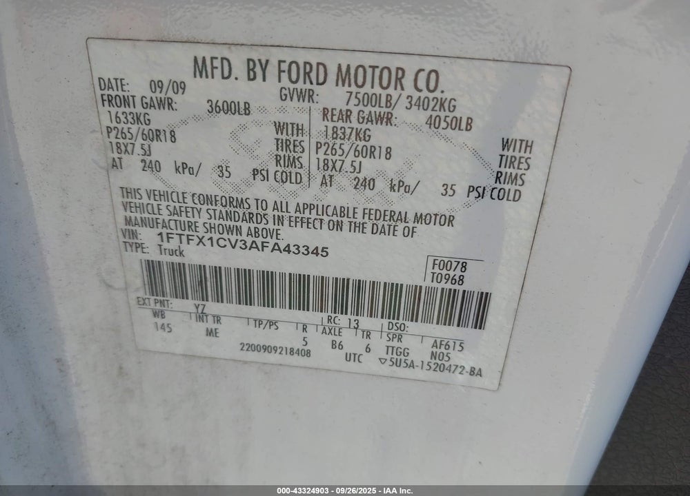 2010 FORD F-150 VIN: 1FTFX1CV3AFA43345