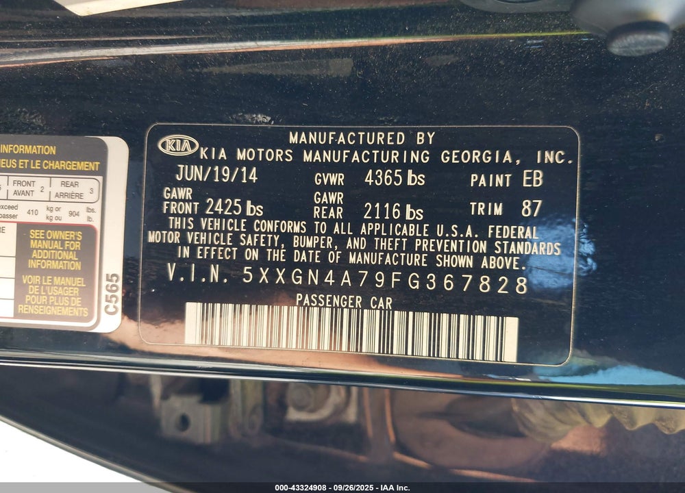2015 KIA OPTIMA VIN: 5XXGN4A79FG367828
