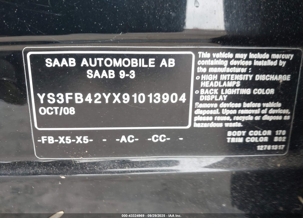 2009 SAAB 9 3 VIN: YS3FB42YX91013904