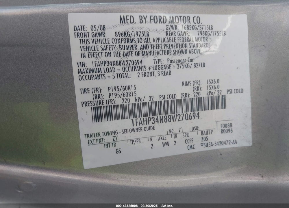 2008 FORD FOCUS S/SE VIN: 1FAHP34N88W270694