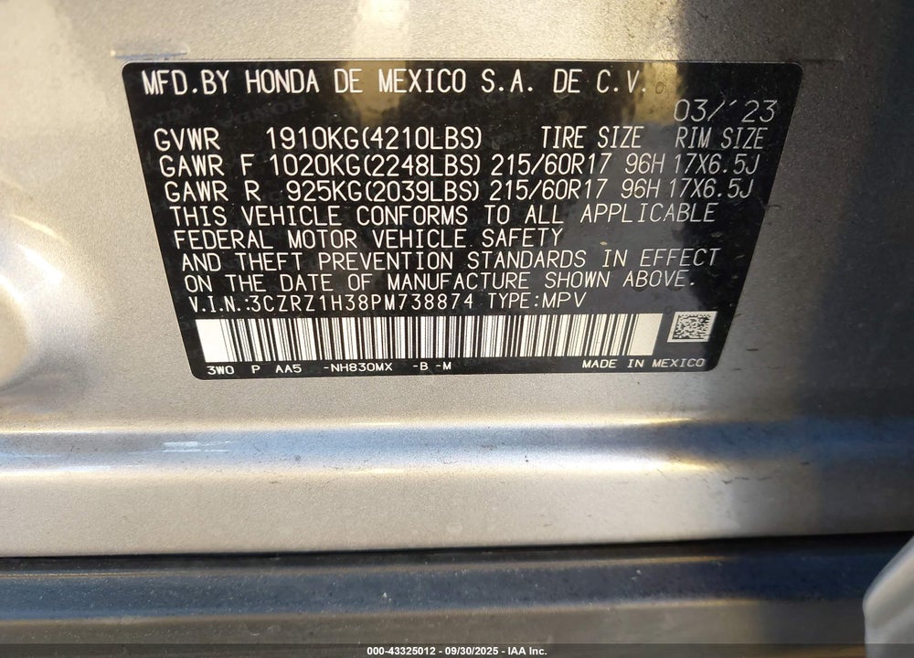 2023 HONDA HR-V VIN: 3CZRZ1H38PM738874
