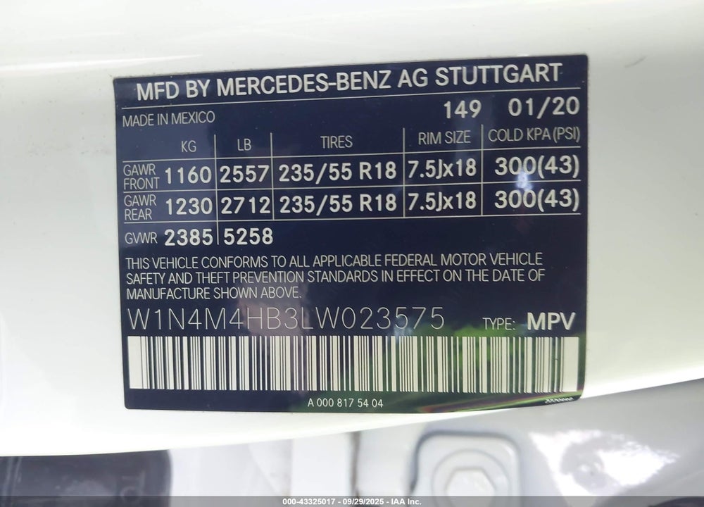 2020 MERCEDES-BENZ GLB-CLASS VIN: W1N4M4HB3LW023575