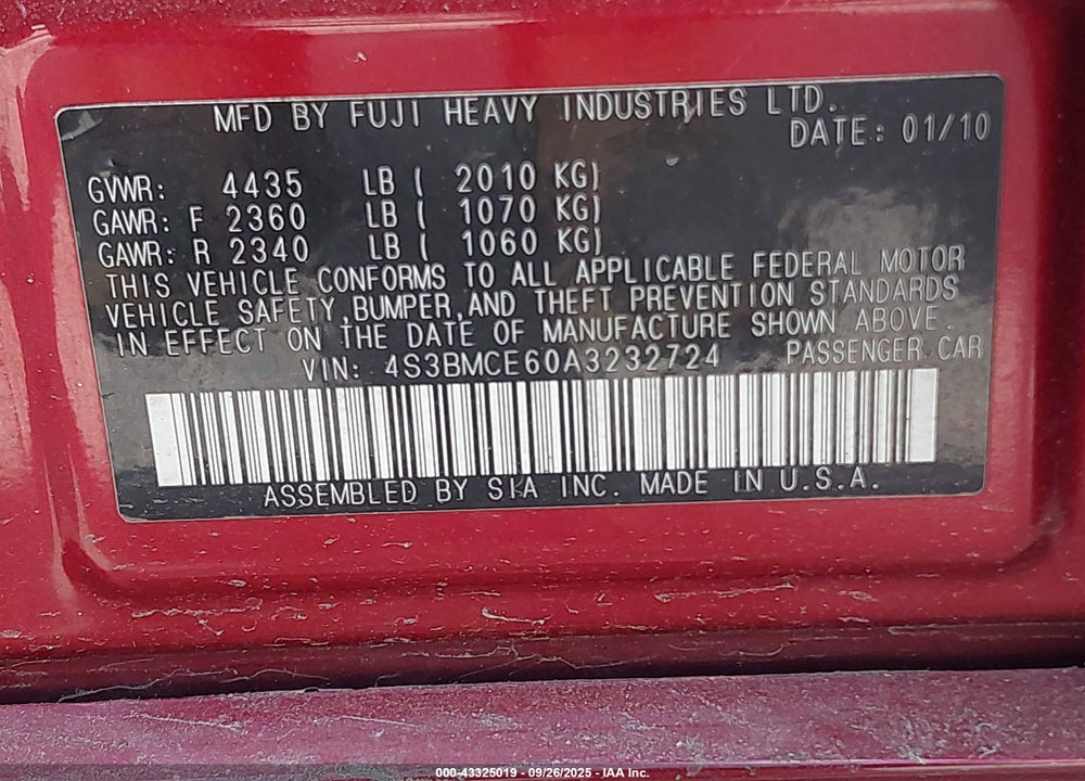 2010 SUBARU LEGACY 2.5I PREMIUM VIN: 4S3BMCE60A3232724